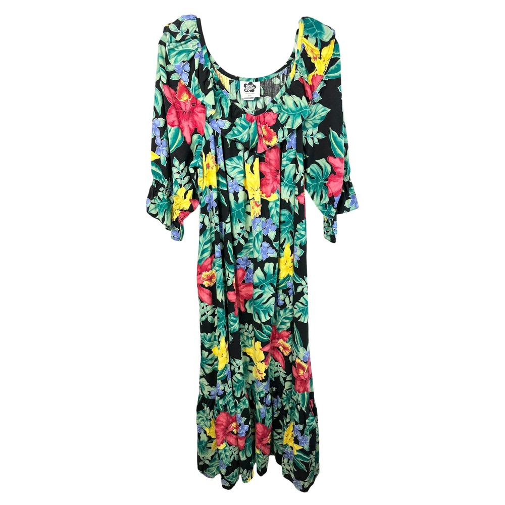 VTG‎ Hilo Hattie Plus Size 2XL Maxi Dress Black Tropical Coastal Vacation 1384